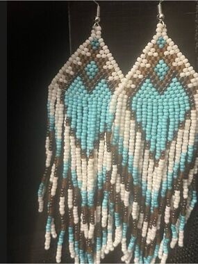 Handmade Beaded Fringe Earrings in Turquoise, White & Brown